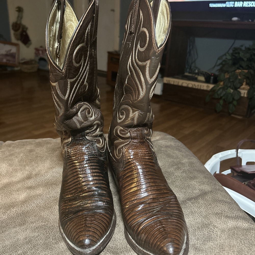 Vtg Dan Post Teju Lizard Cowboy Boots Men 8 D Brown Chocolate Western Exotic
